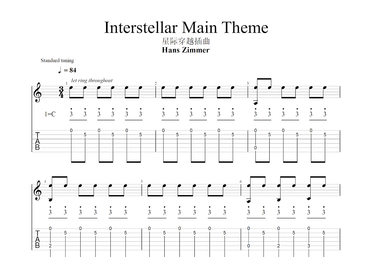 星际穿越吉他谱_Hans Zimmer_C调指弹