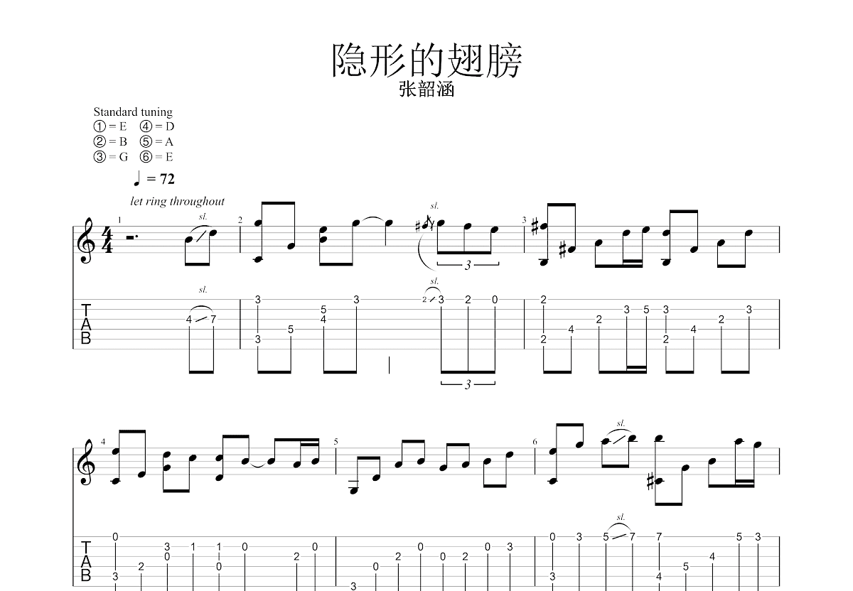 隐形的翅膀吉他谱预览图