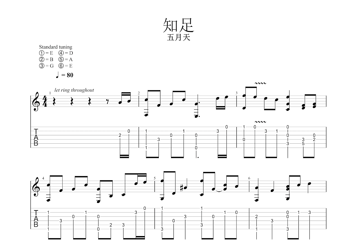 知足吉他谱预览图