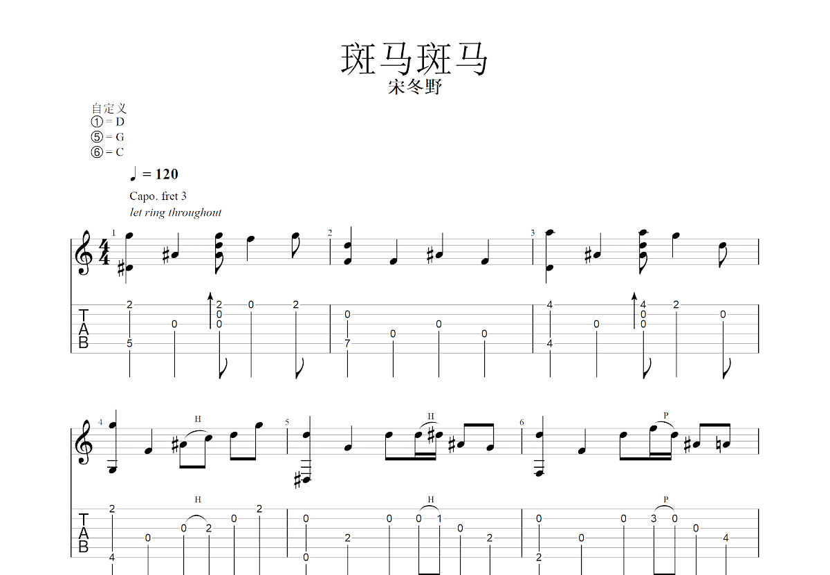 斑马斑马吉他谱_宋冬野_C调指弹