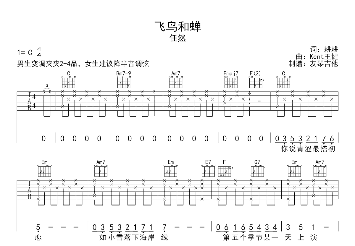 飞鸟和蝉吉他谱预览图