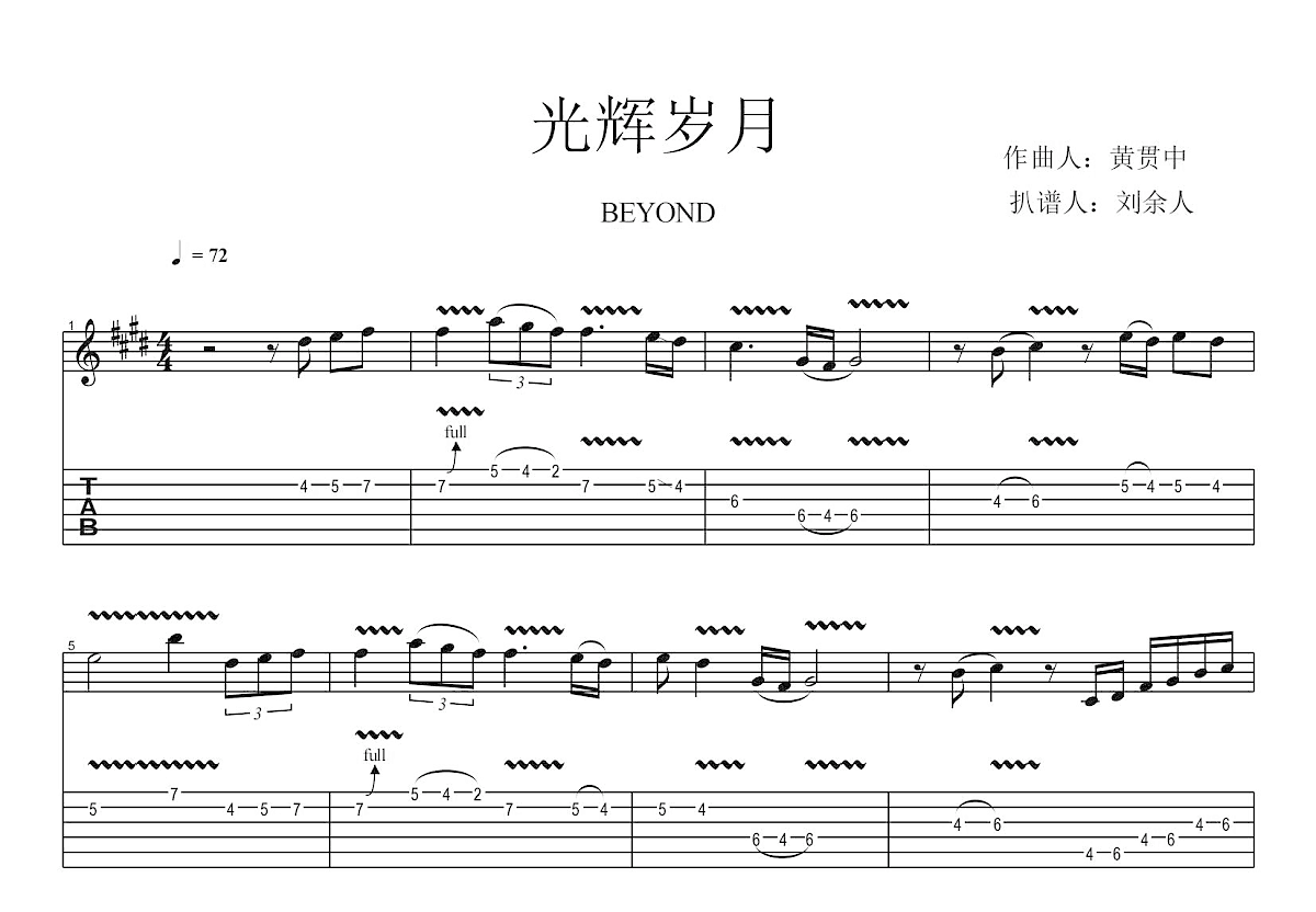 光辉岁月SOLO吉他谱预览图