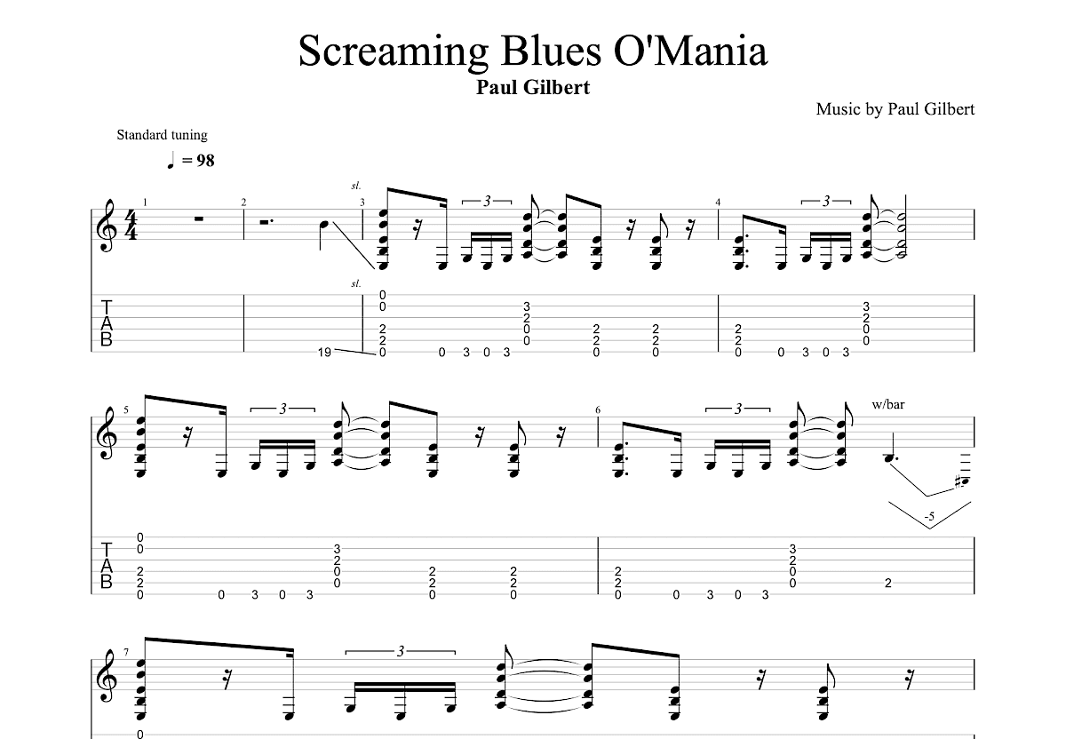 Screaming Blues O'Mania吉他谱_Paul Gilbert_C调单旋律