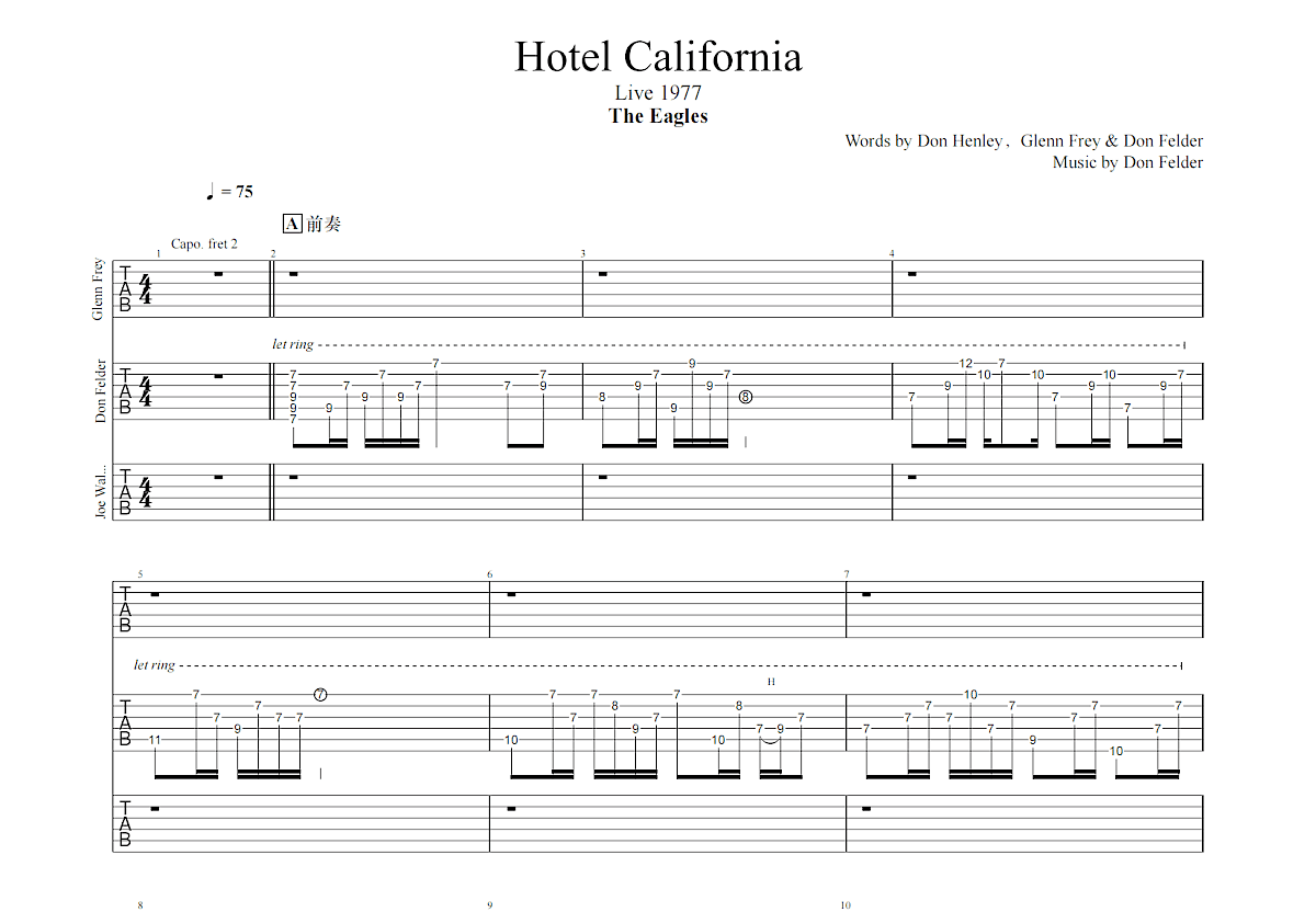 Hotel California吉他谱_The Eagles_D调Solo片段