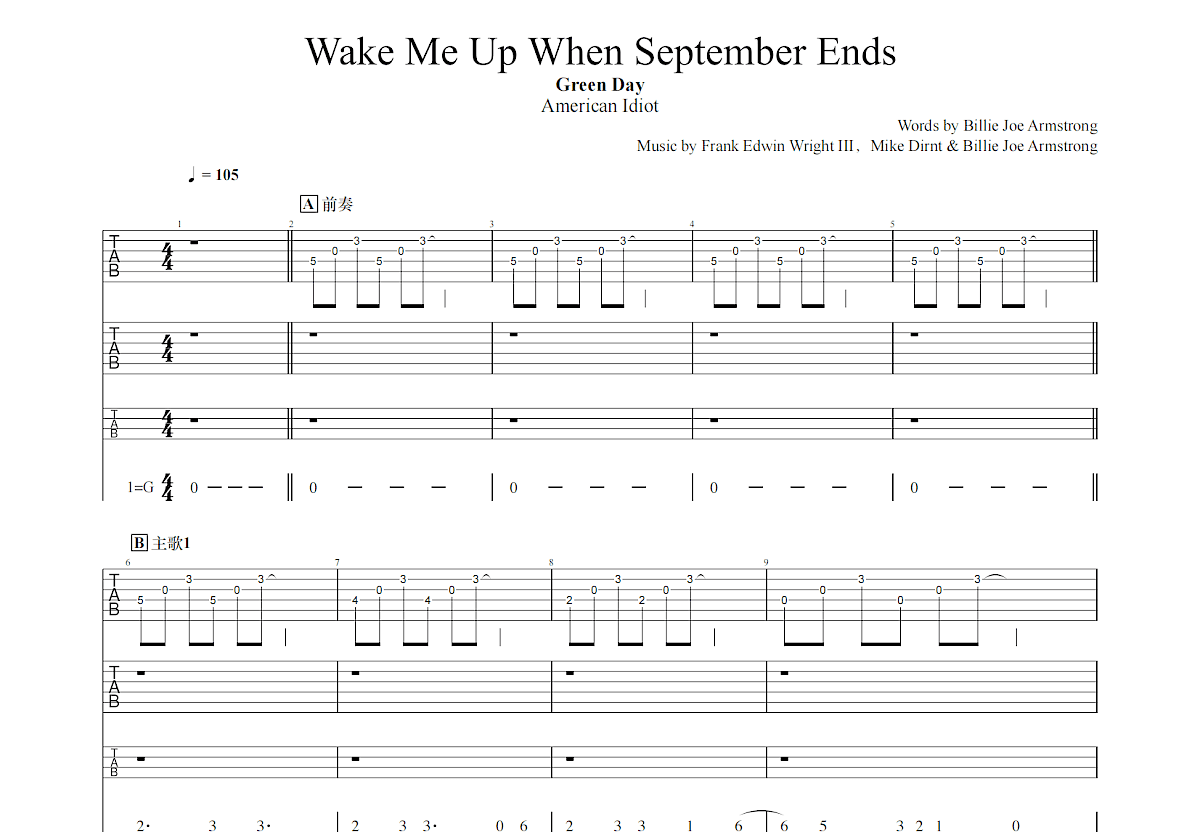 Wake Me Up When September Ends吉他谱预览图