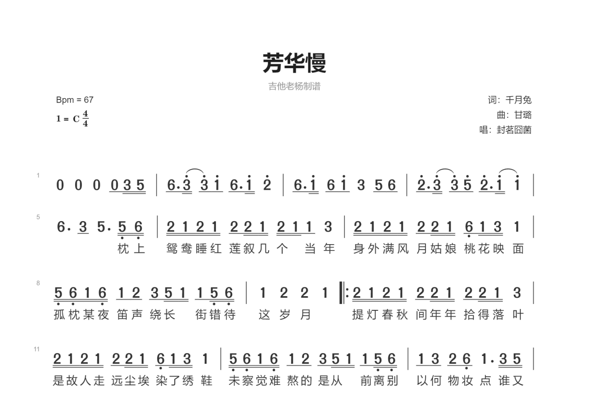 芳华慢简谱预览图