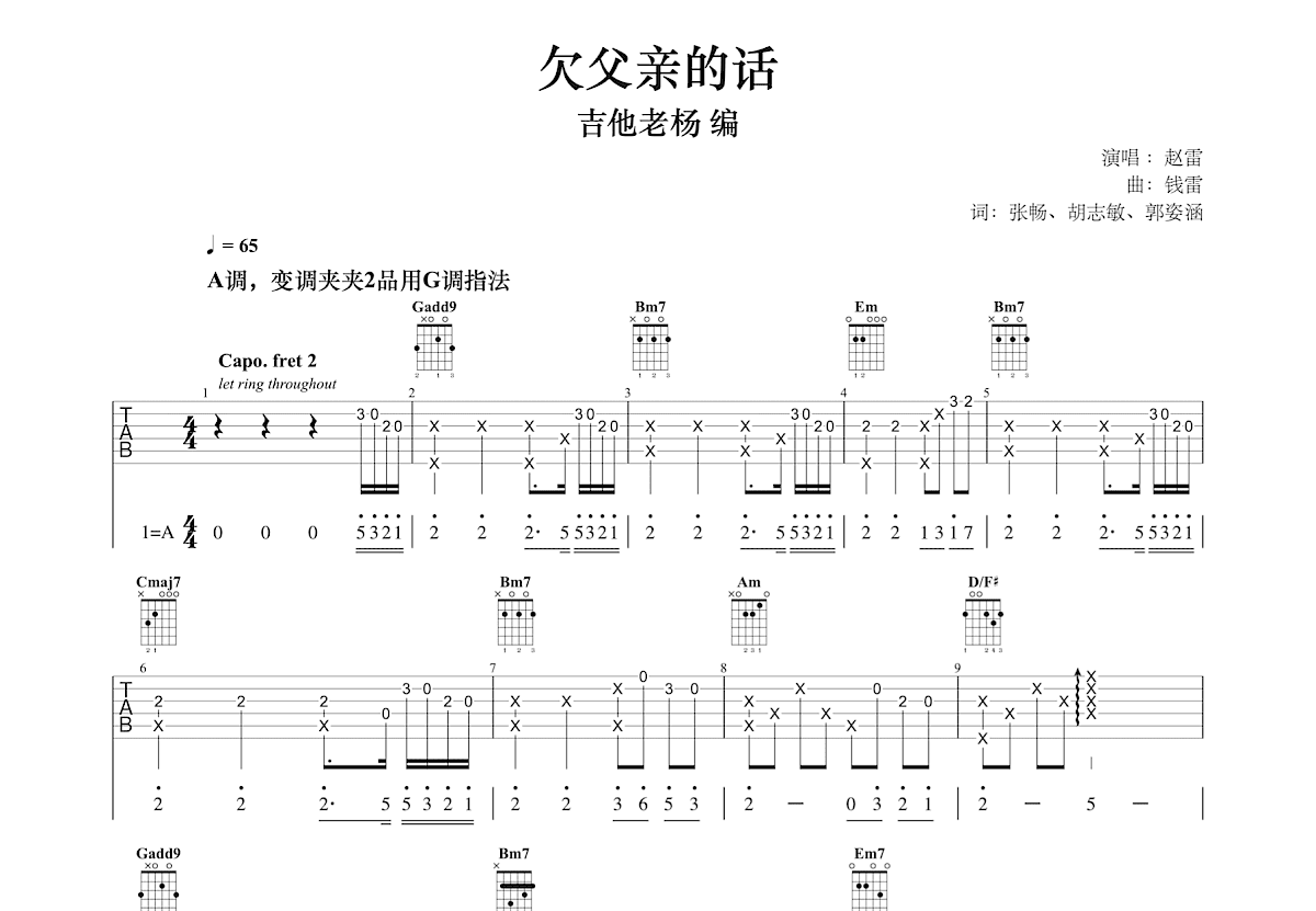 欠父亲的话吉他谱预览图