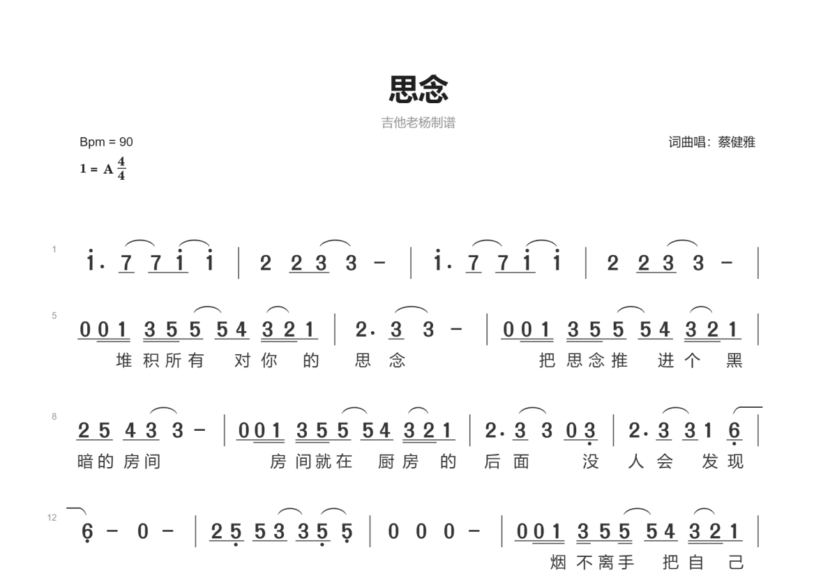 思念简谱预览图