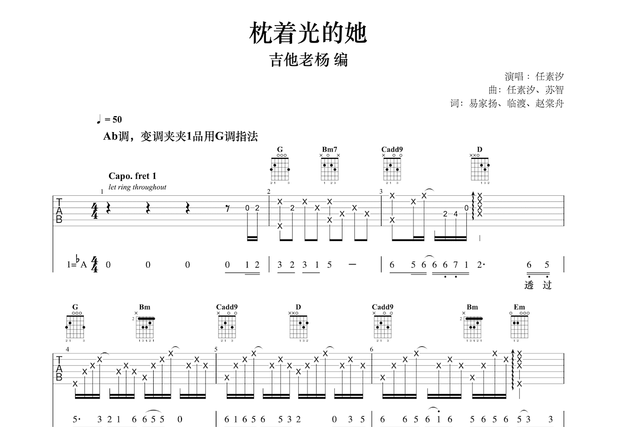 枕着光的她吉他谱预览图