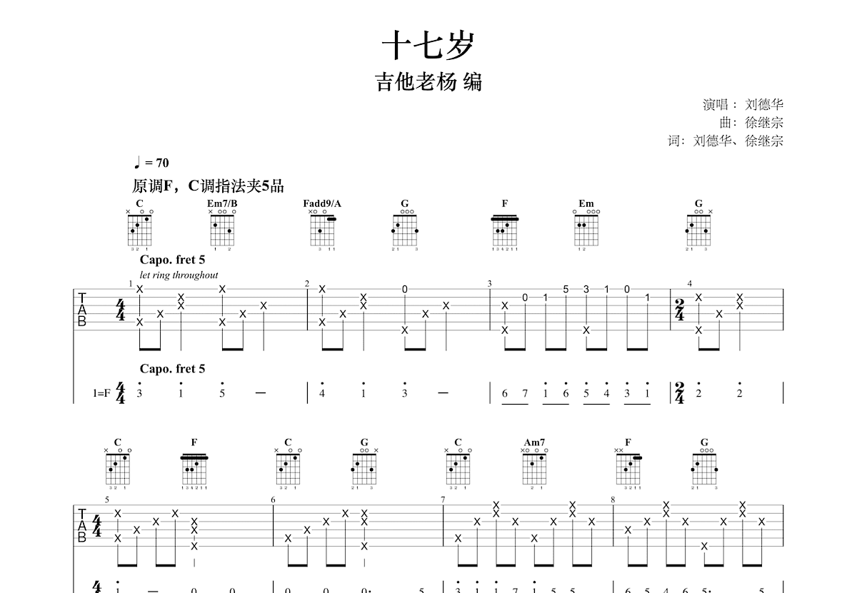 十七岁吉他谱预览图