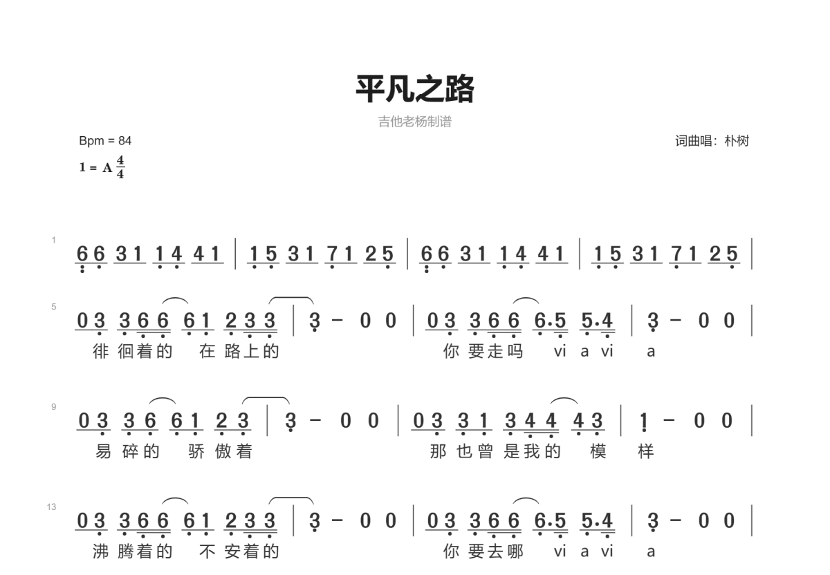 平凡之路简谱预览图