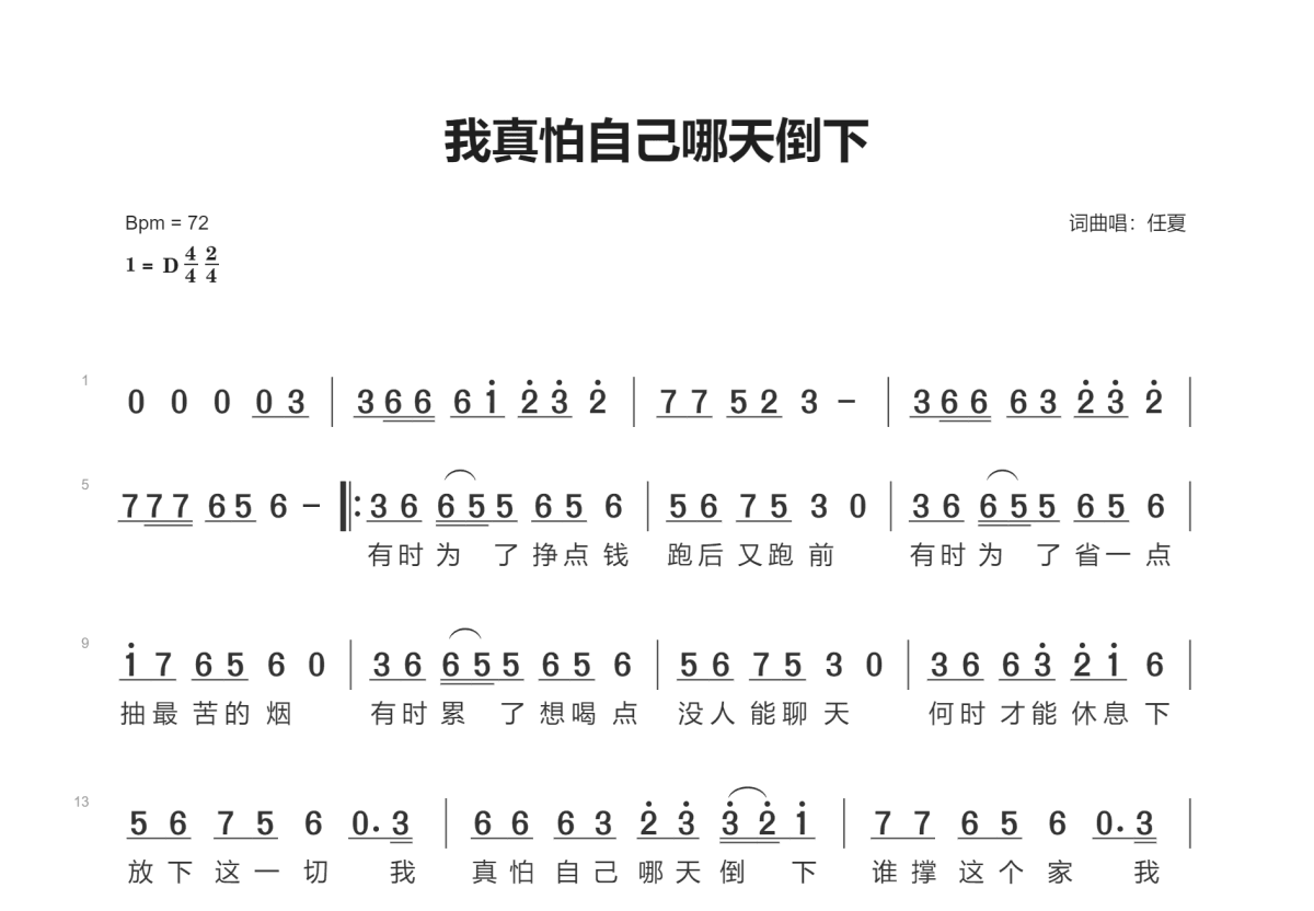 我真怕自己哪天倒下简谱预览图