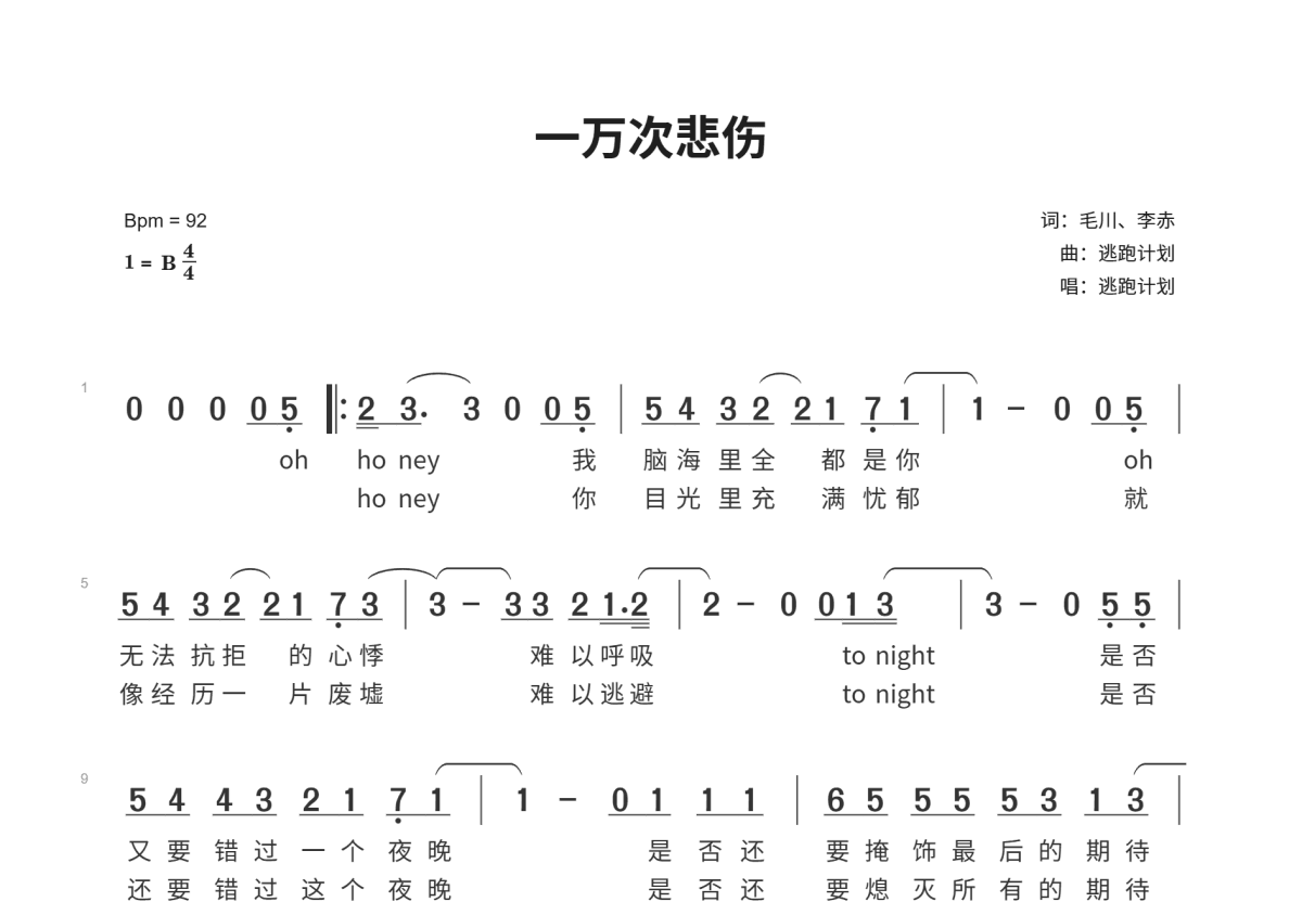 一万次悲伤简谱预览图