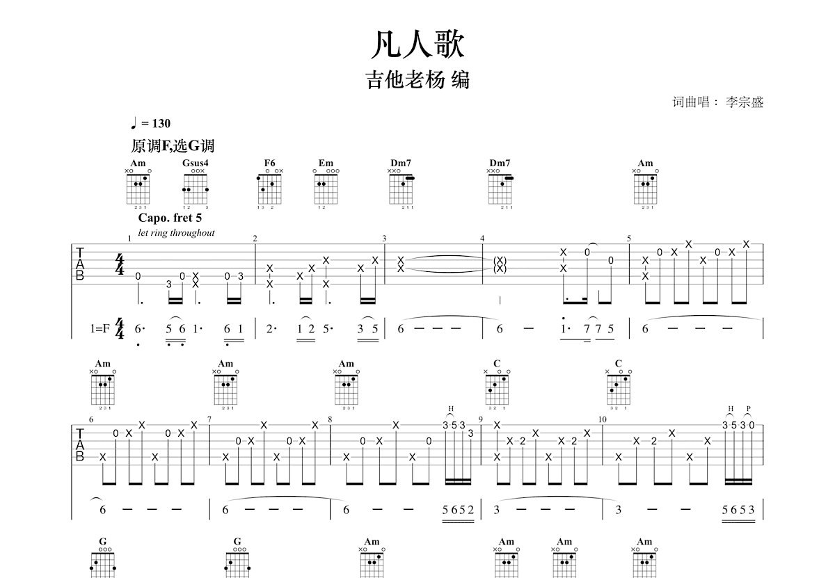 凡人歌吉他谱预览图