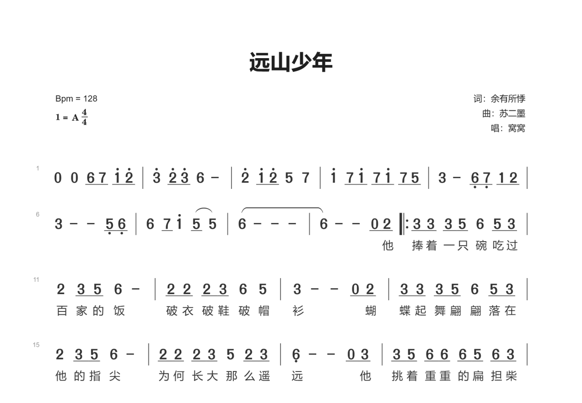 远山少年简谱预览图