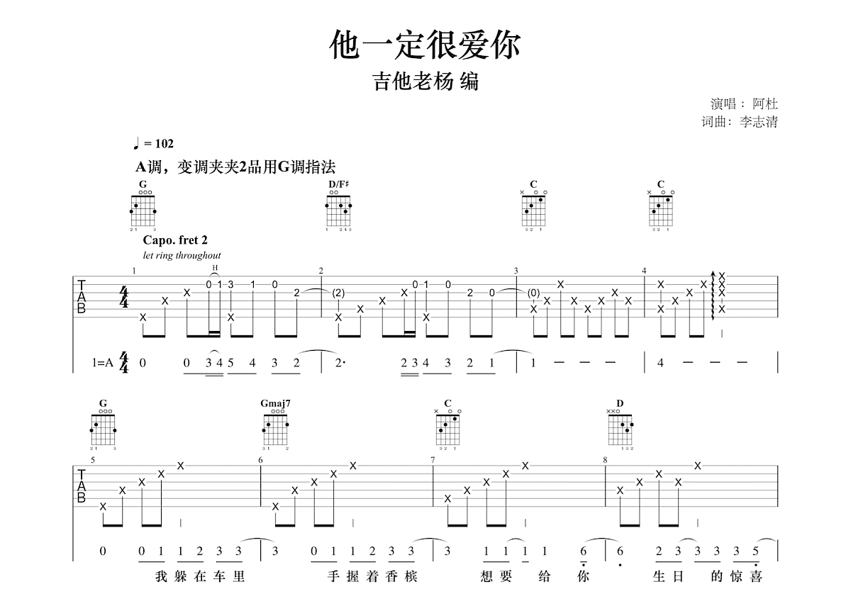他一定很爱你吉他谱预览图