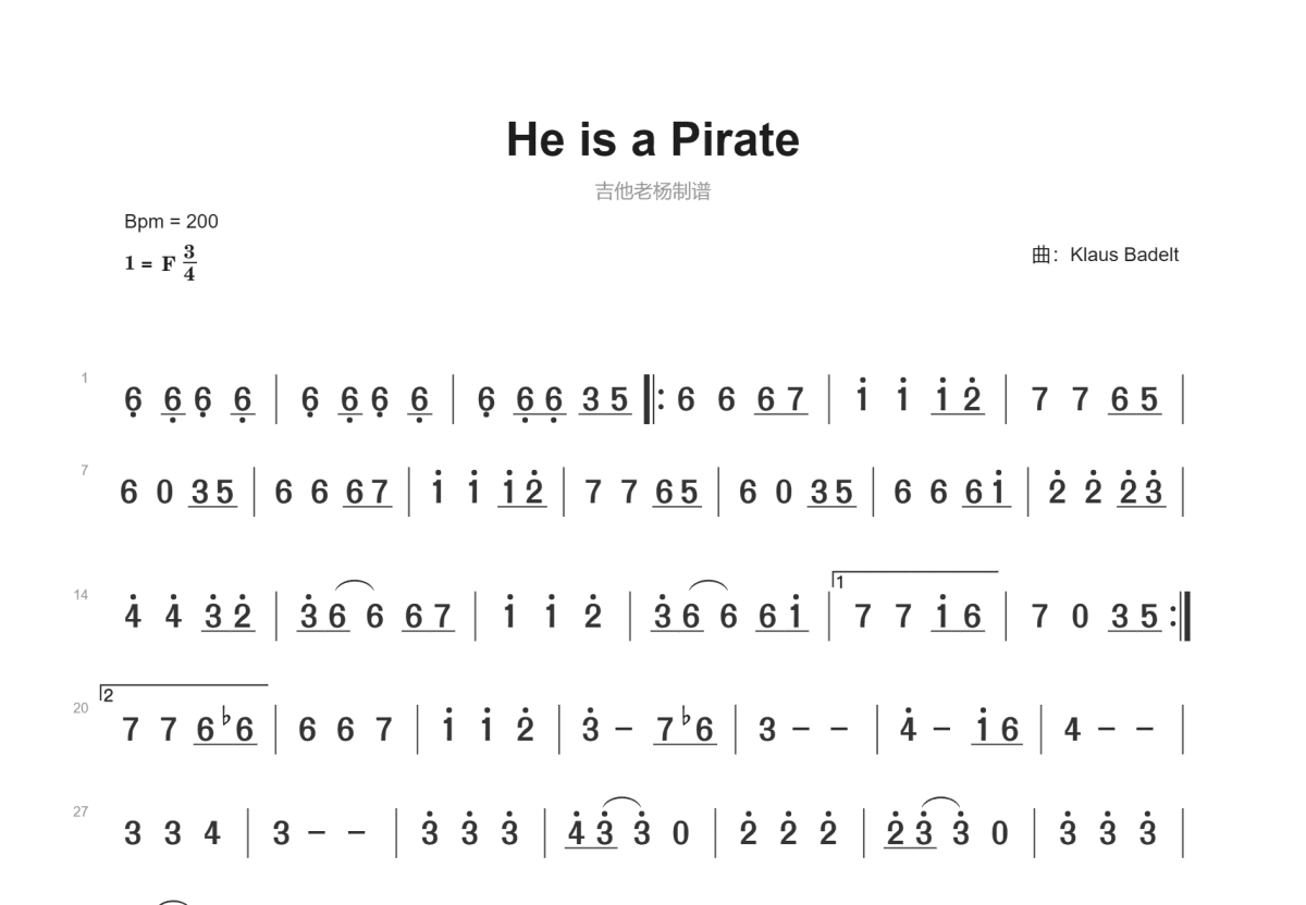 He is a Pirate简谱预览图