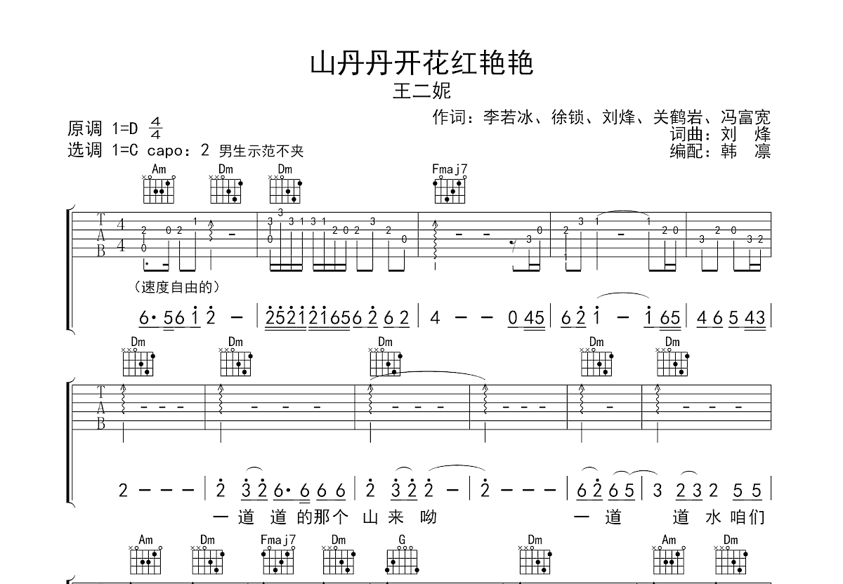山丹丹开花红艳艳吉他谱_王二妮_C调弹唱