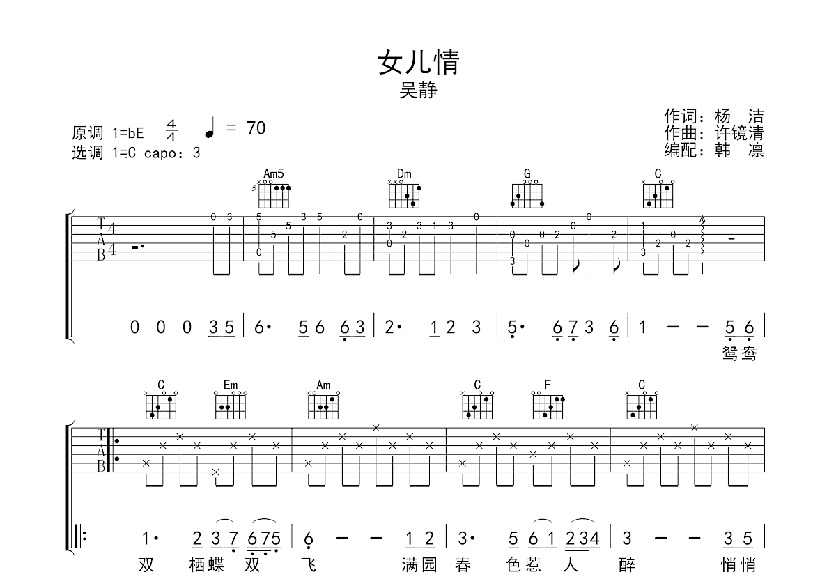 女儿情吉他谱预览图