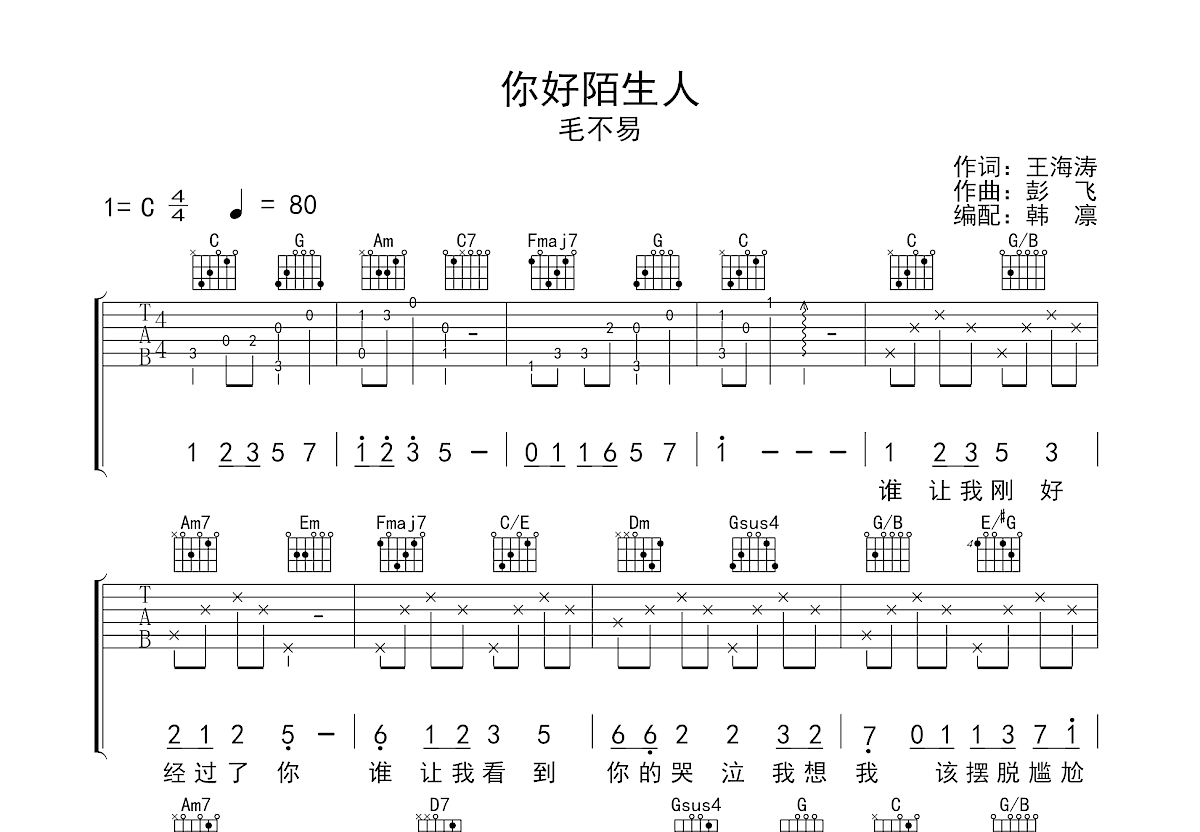 你好陌生人吉他谱预览图