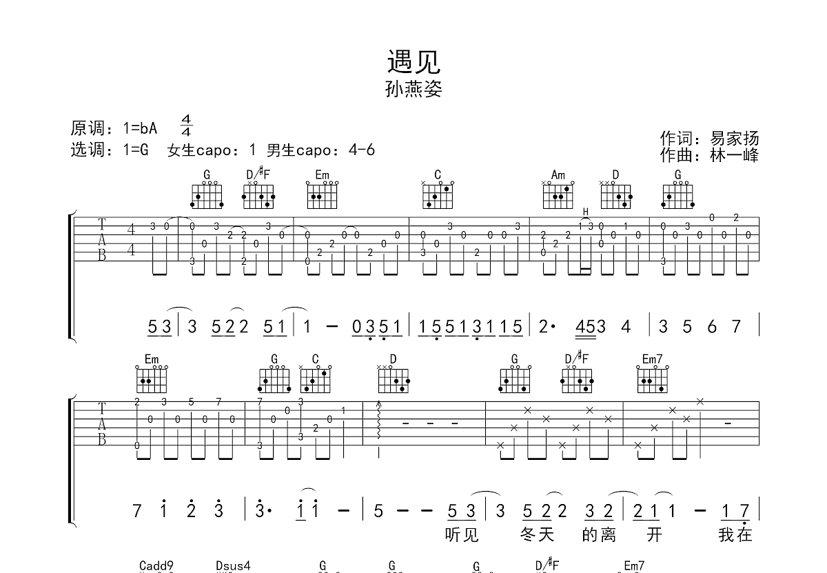 遇见吉他谱_韩凛_G调弹唱