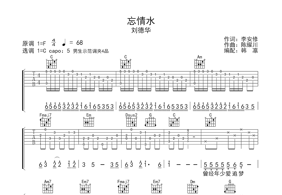 忘情水吉他谱预览图