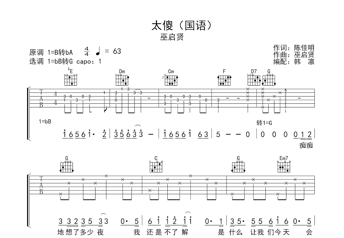 太傻吉他谱预览图