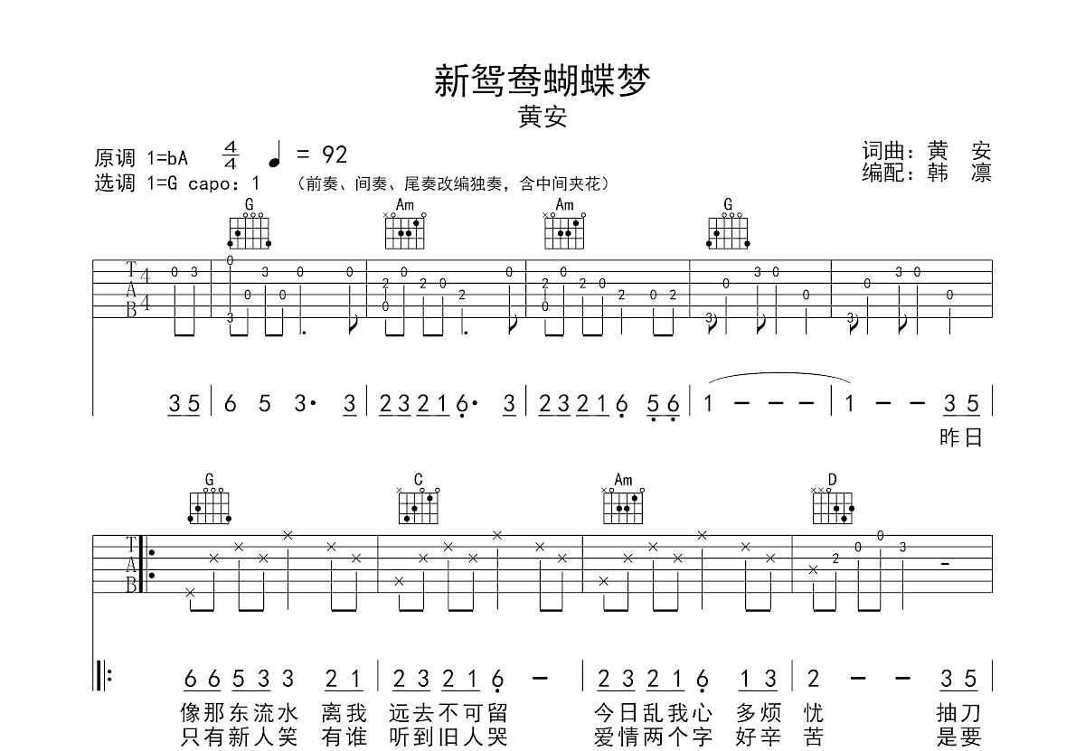 新鸳鸯蝴蝶梦吉他谱预览图