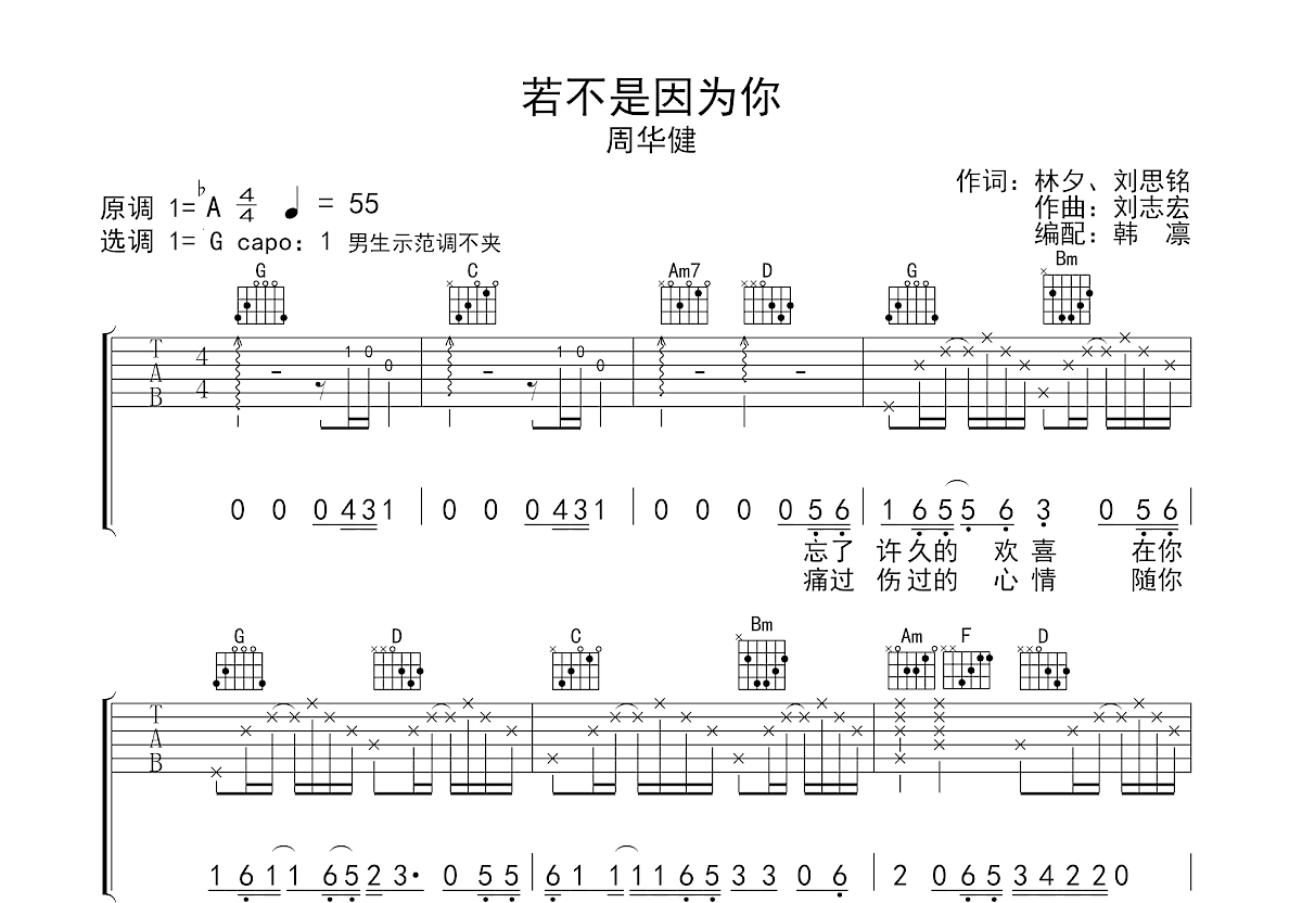 若不是因为你吉他谱预览图