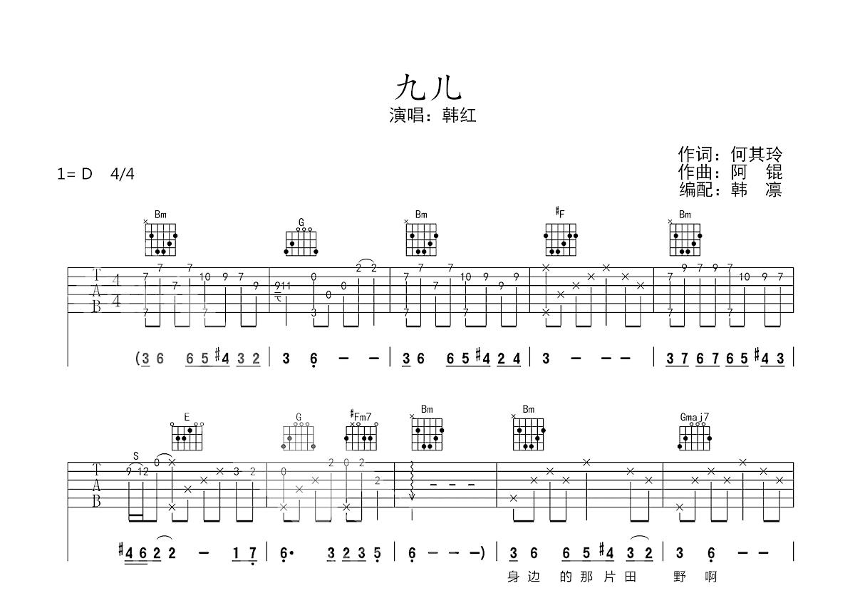 九儿吉他谱_韩红_D调弹唱