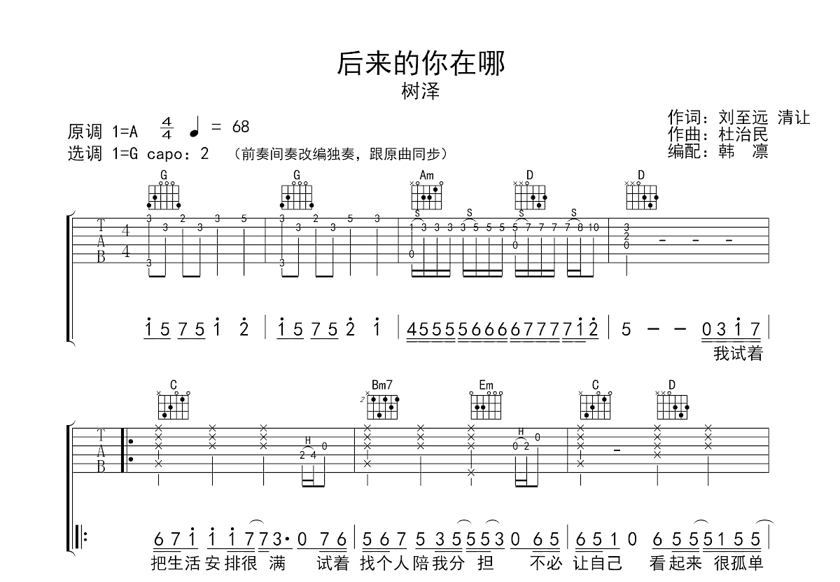 后来的你在哪吉他谱预览图