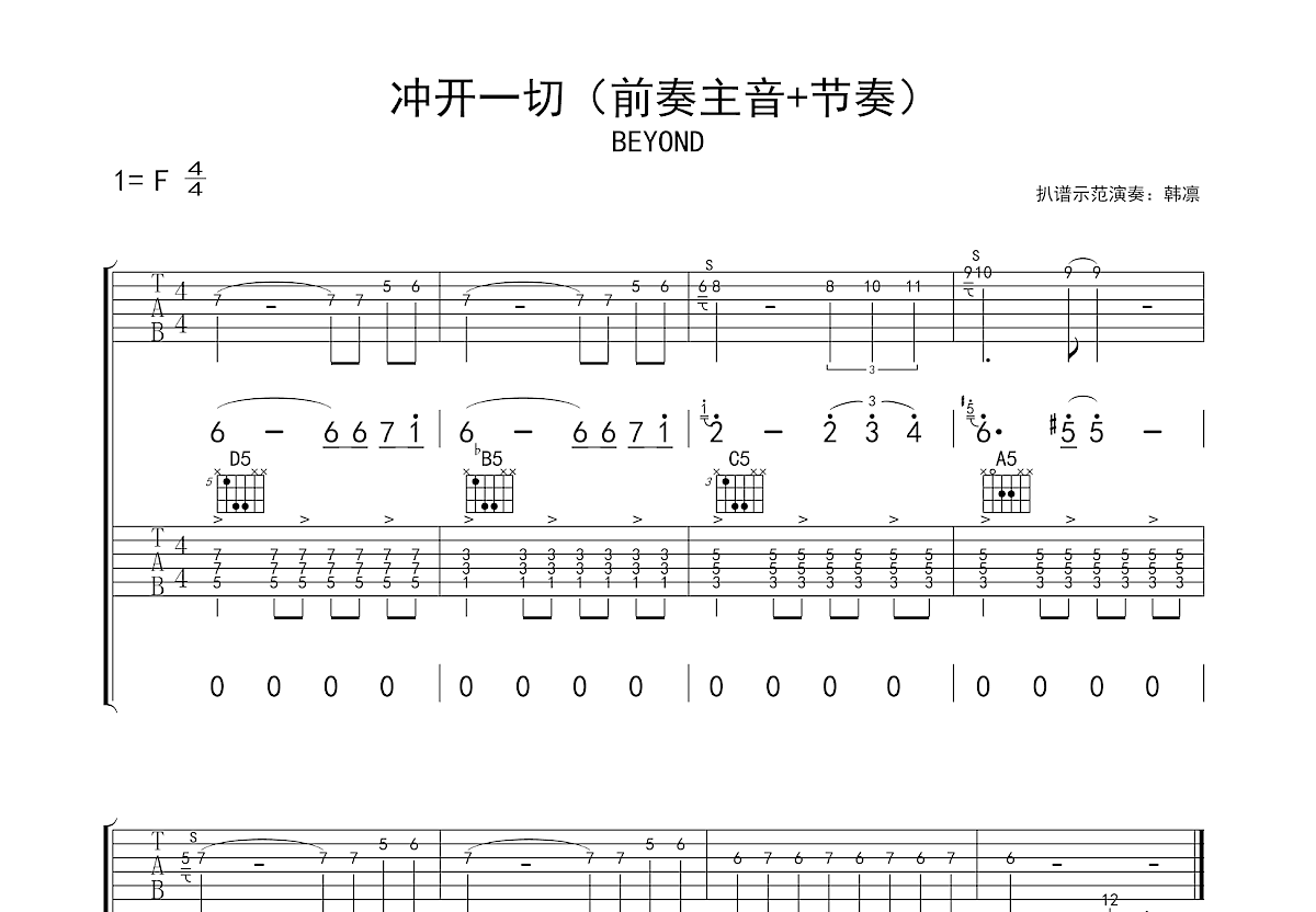 冲开一切吉他谱_Beyond_F调Solo片段