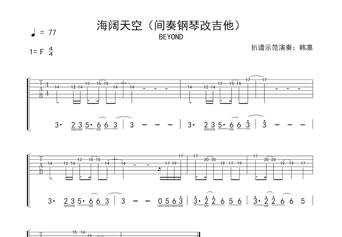 海阔天空吉他谱预览图