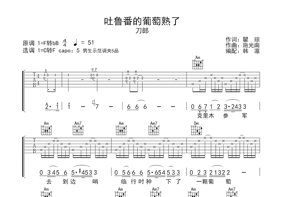 吐鲁番的葡萄熟了吉他谱预览图