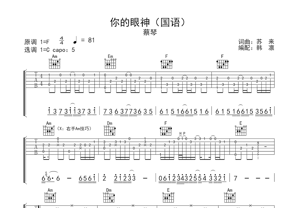 你的眼神吉他谱预览图