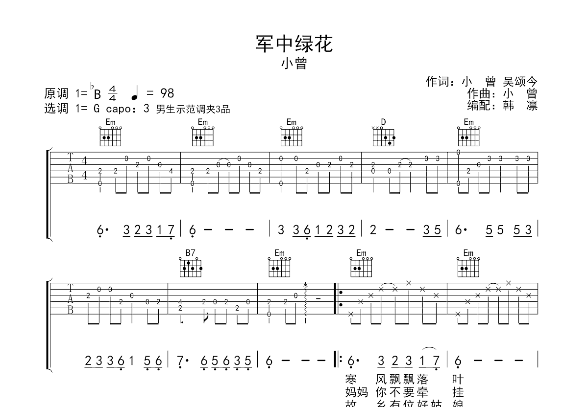 军中绿花吉他谱预览图