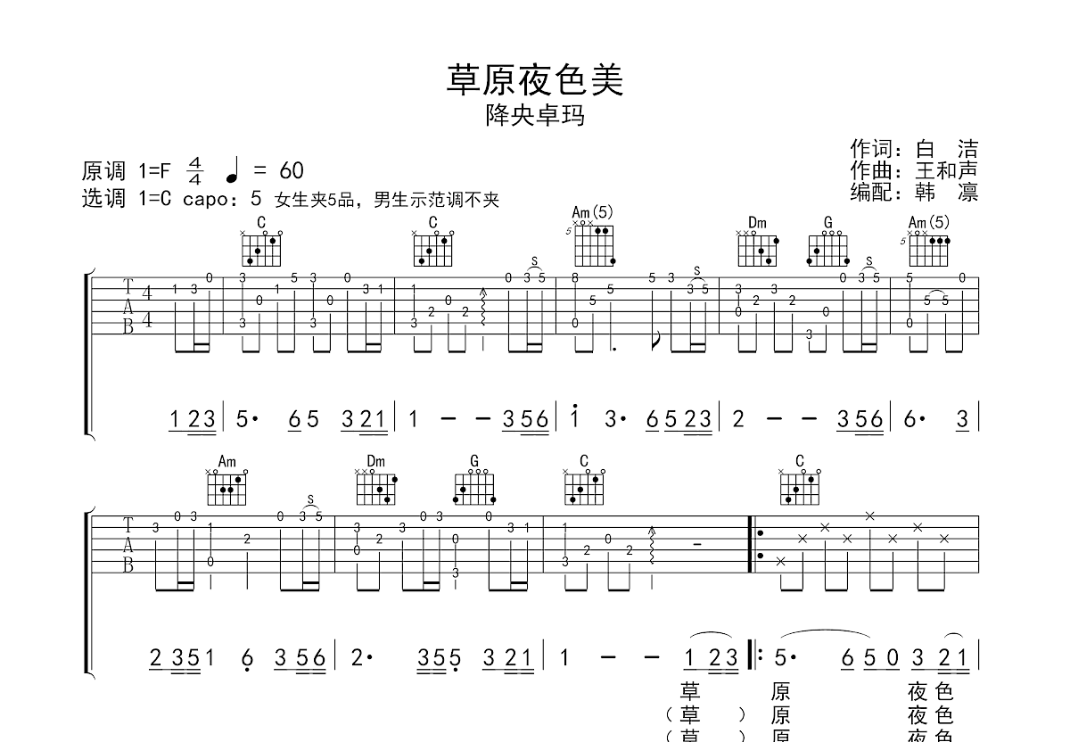 草原夜色美吉他谱预览图