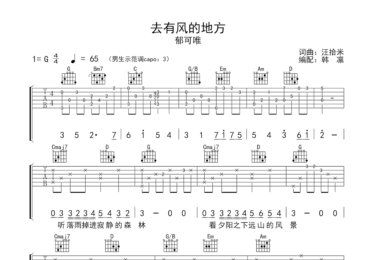 去有风的地方吉他谱预览图