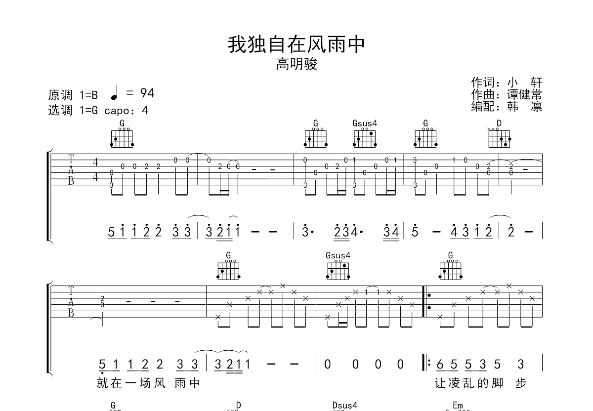 我独自在风雨中吉他谱预览图