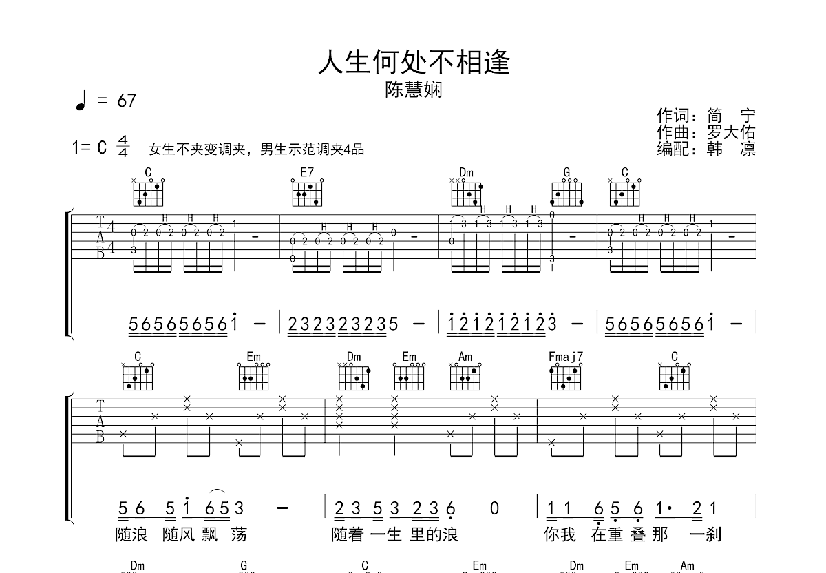 人生何处不相逢吉他谱预览图