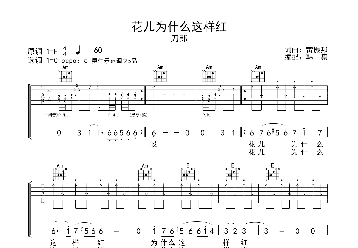 花儿为什么这样红吉他谱_刀郎_C调弹唱