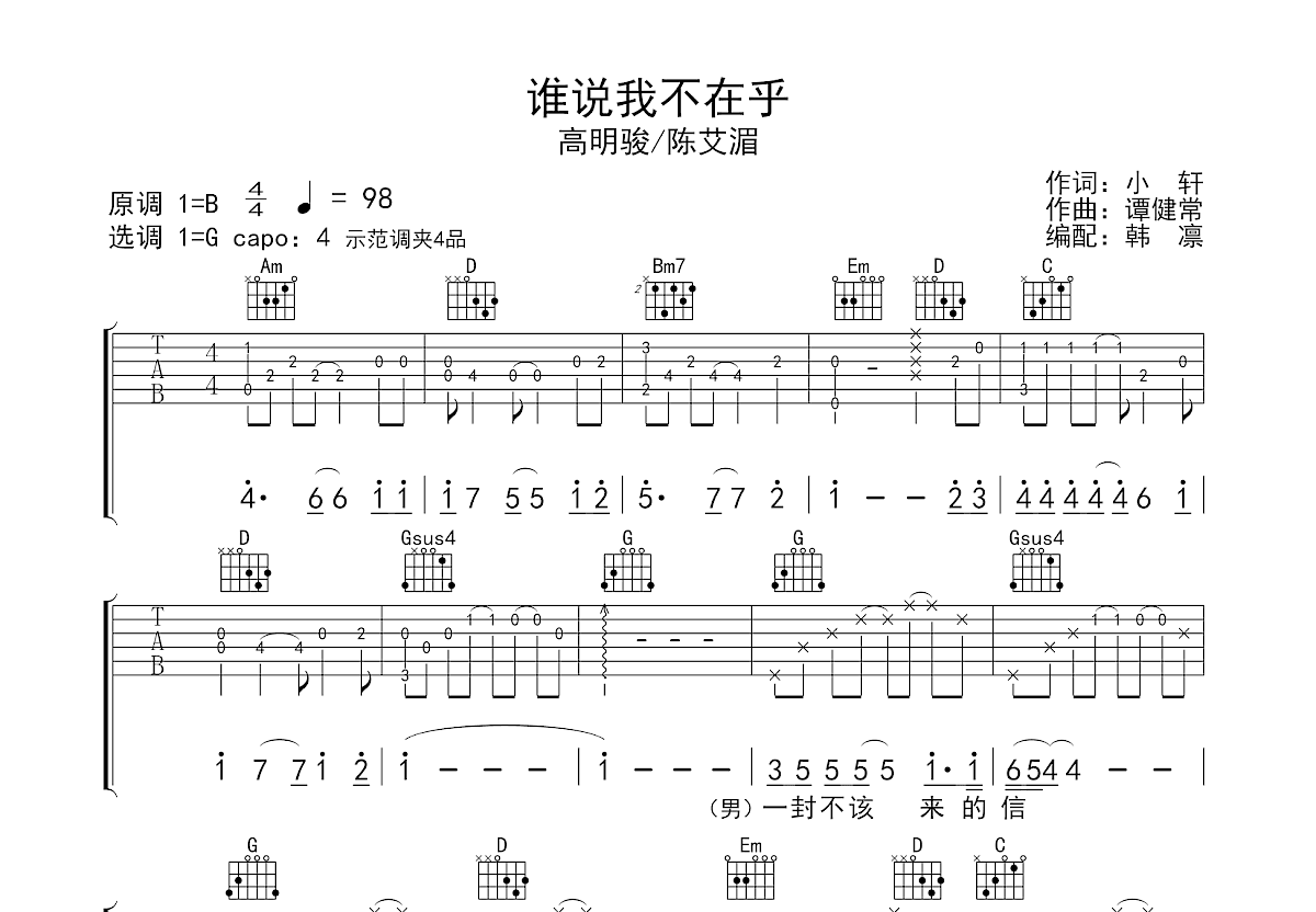 谁说我不在乎吉他谱预览图