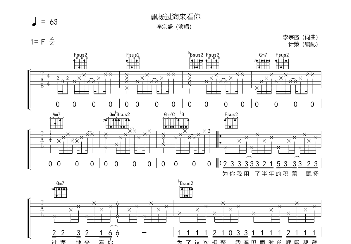 漂洋过海来看你吉他谱预览图