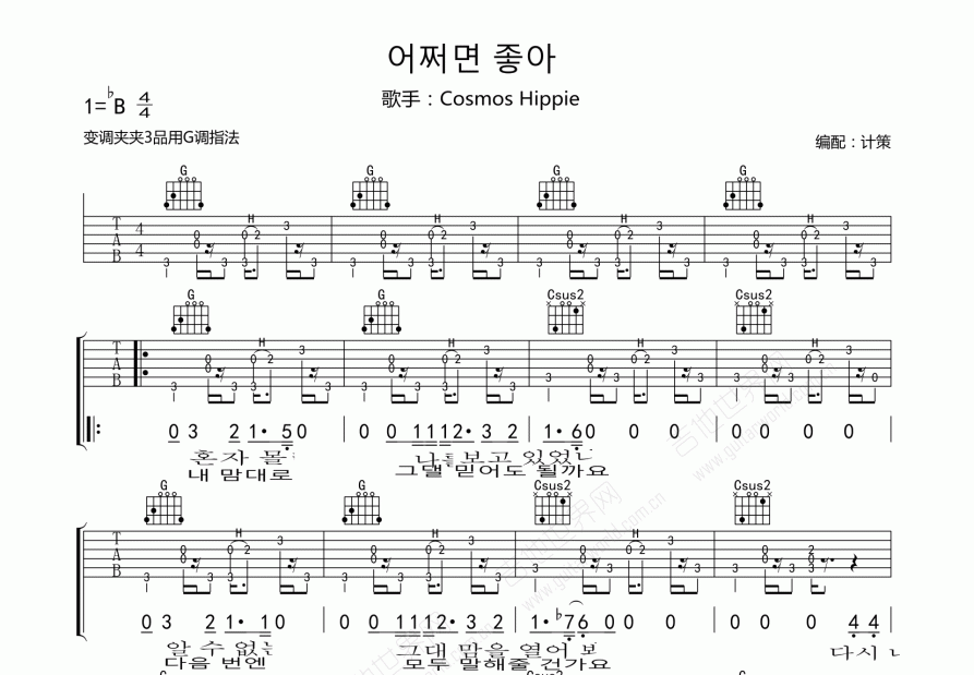 어쩌면 좋아吉他谱_Cosmos Hippie_D调弹唱