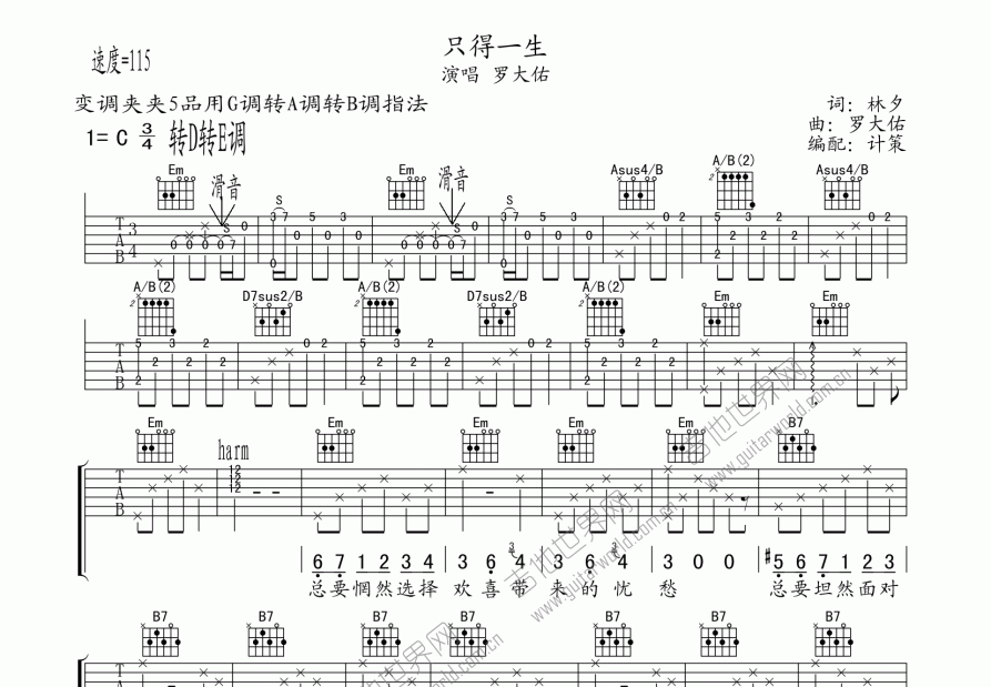 只得一生吉他谱_罗大佑_C调弹唱