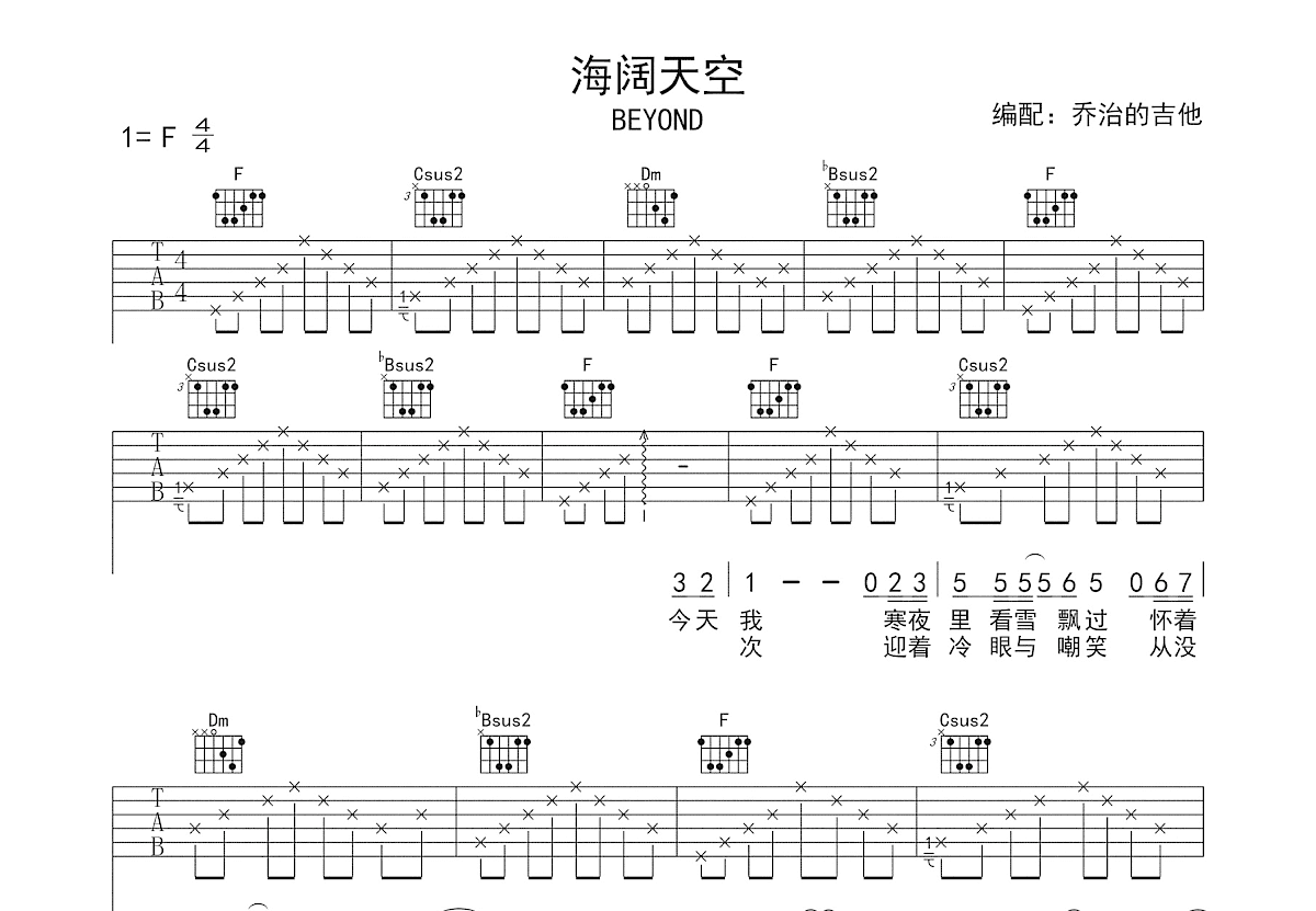 海阔天空吉他谱_beyond_F调弹唱