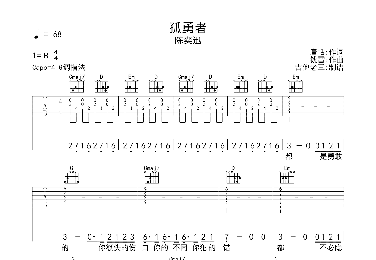 孤勇者吉他谱预览图