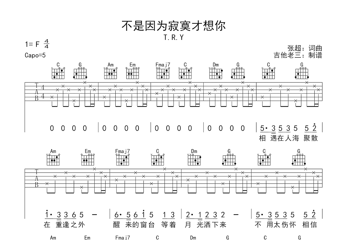 不是因为寂寞才想你吉他谱预览图