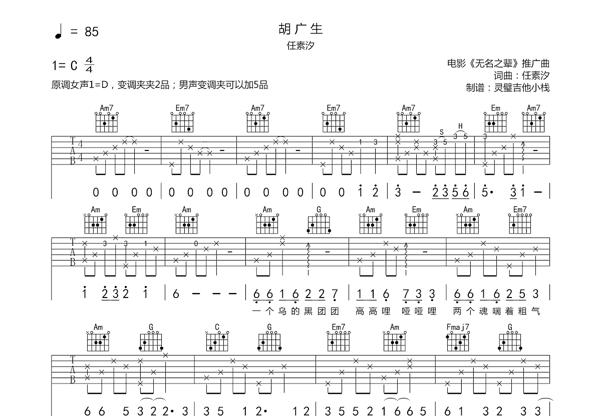 胡广生吉他谱_任素汐_C调弹唱