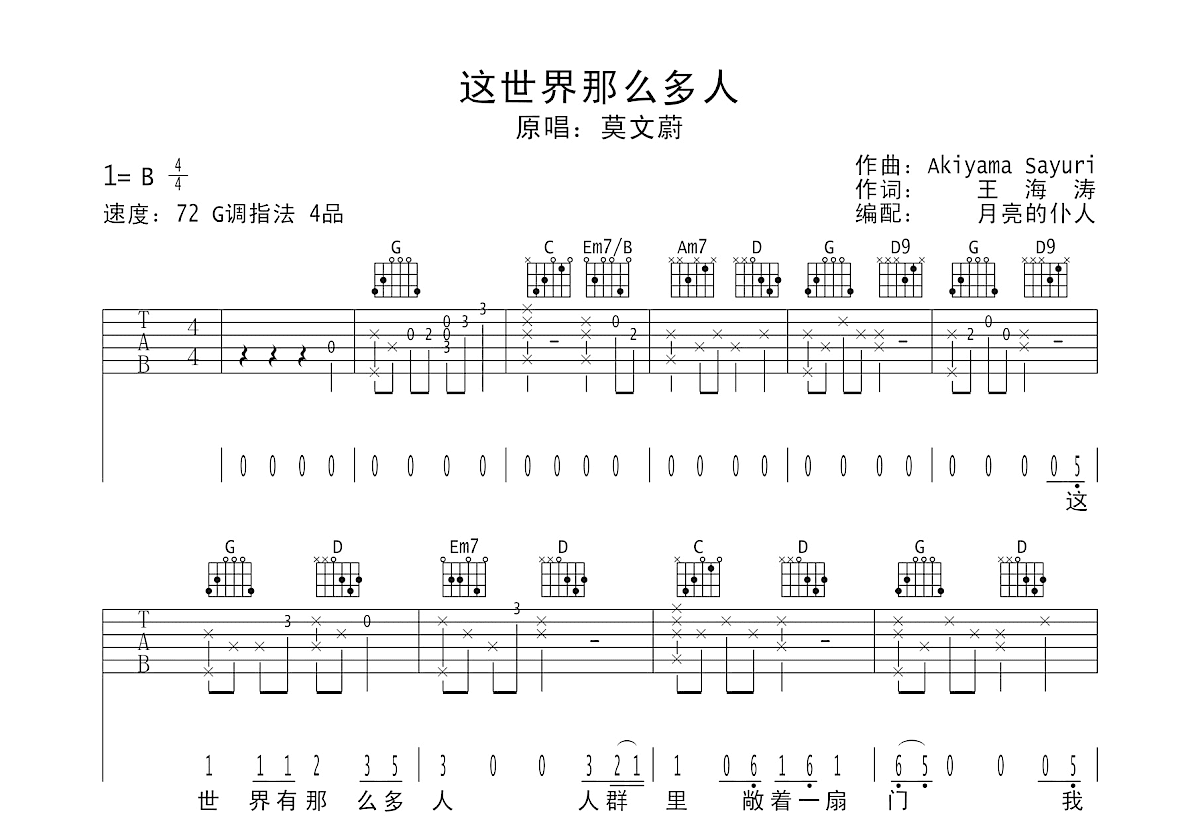 这世界那么多人吉他谱_原唱：莫文蔚_G调弹唱